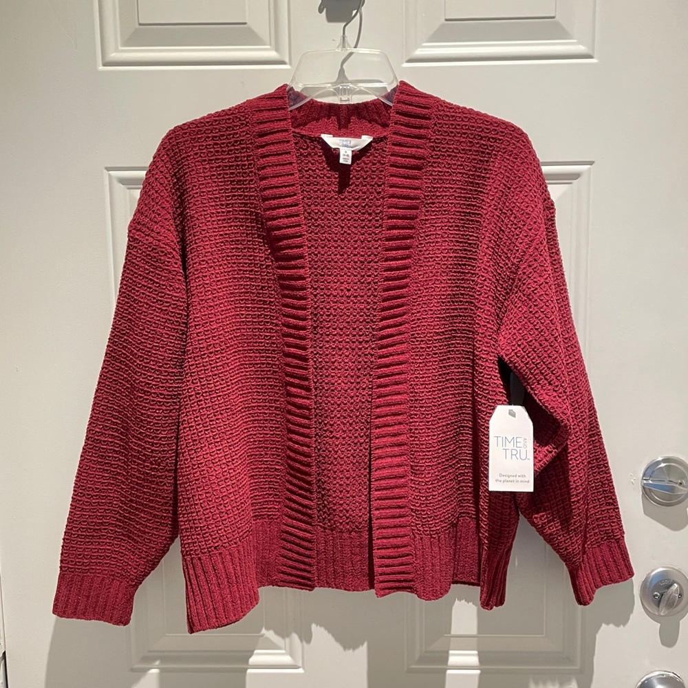 Time and Tru Burgundy Red Soft Chenille Open Front Cardigan Sweater Size Small